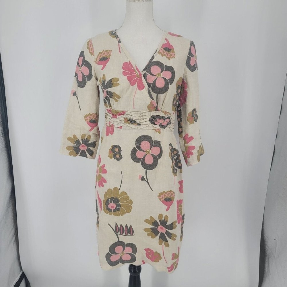 Boden Cream Floral Wrap-Style Dress with Pink and Olive Accents